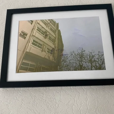 Een gebouw met een persoon die naar beneden hangt, omringd door takken.